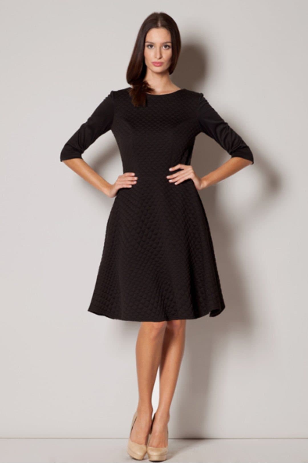 Love Lace Love Lace Women's Quilted Flared Knee Dress 3/4 Sleeves in Black
