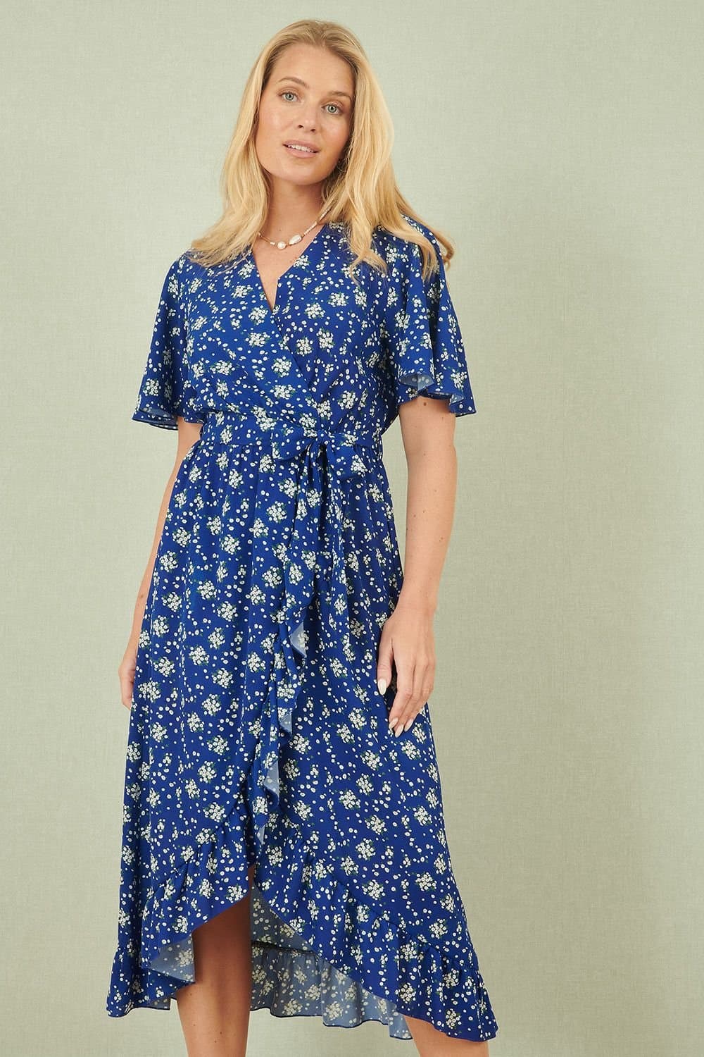 Yumi Yumi Women's Blue Floral Wrap Dress With Frill Hem