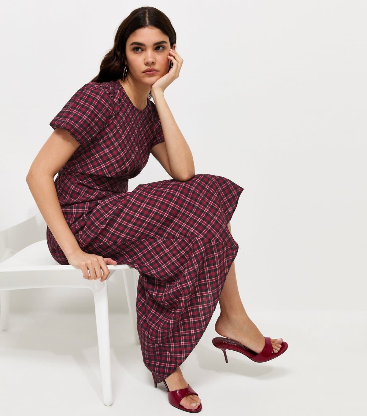 New Look Women's Red Check Puff Sleeve Midi Dress New Look