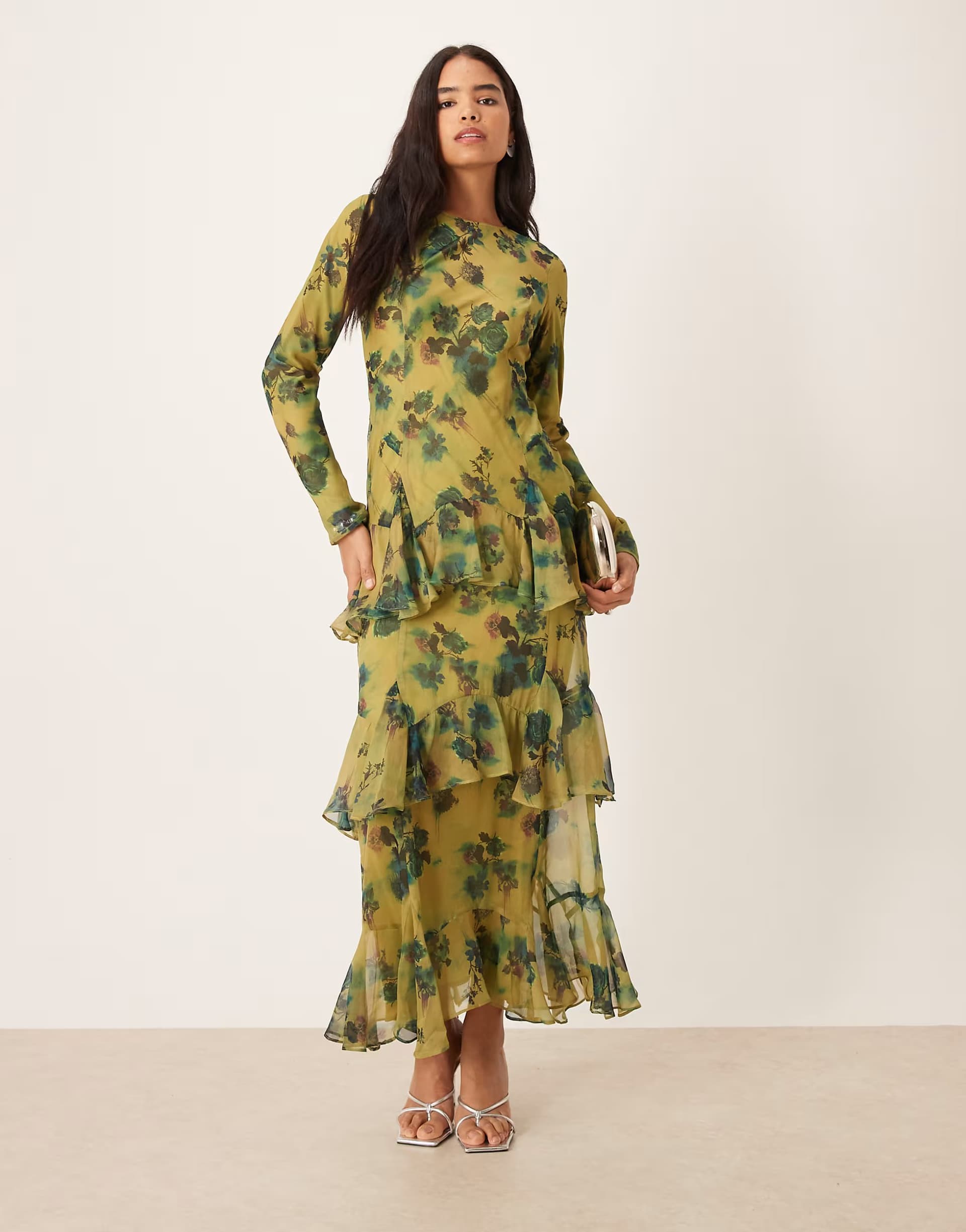 ASOS ASOS DESIGN long sleeve ruffle chiffon maxi dress in green floral