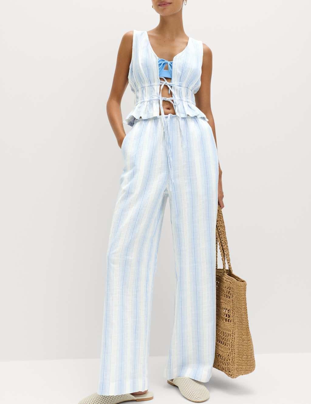 Marks & Spencer M&S Blue Striped Cotton Wide-Leg Trousers