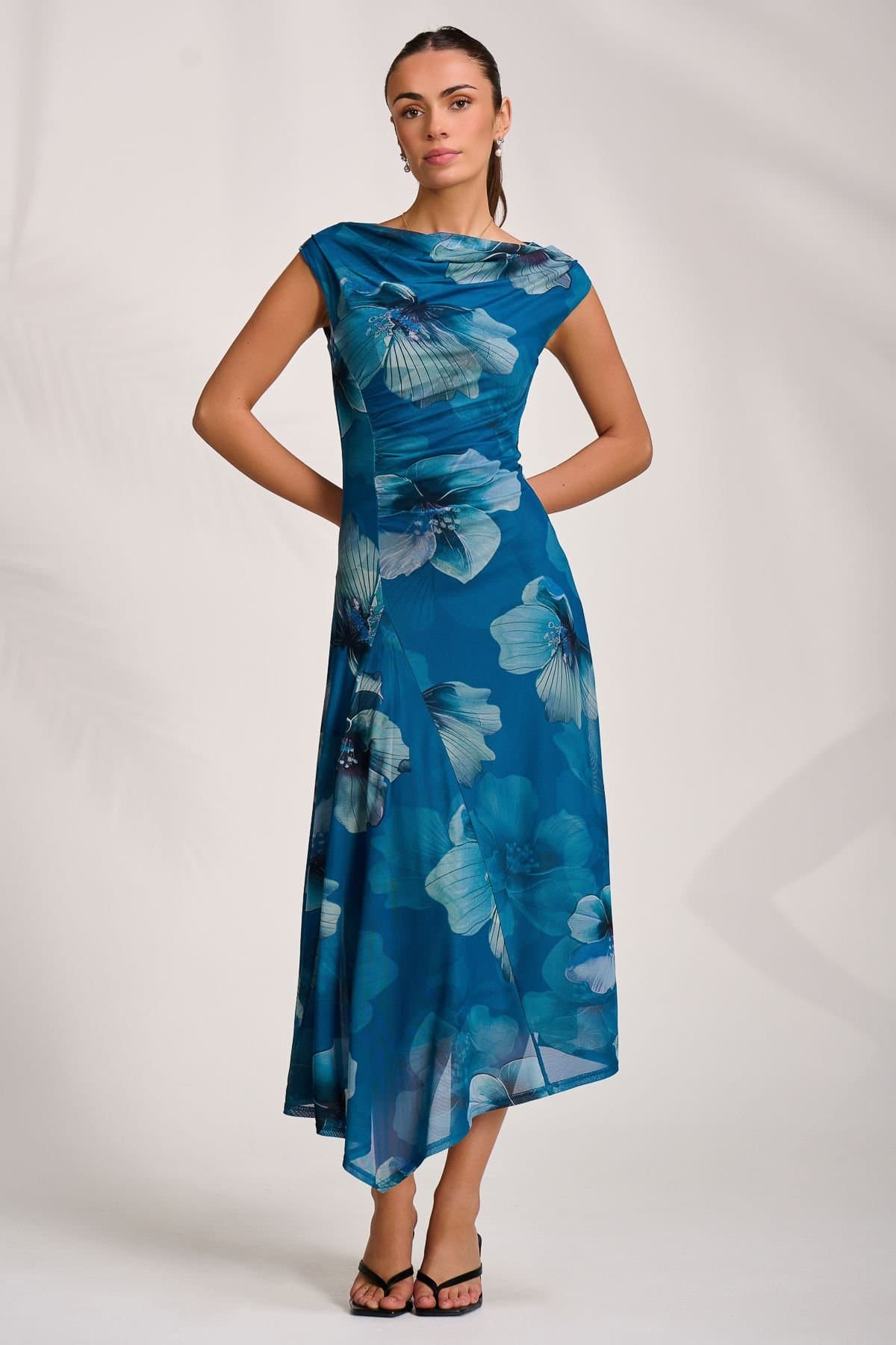 Jolie Moi Jolie Moi Women's Asymmetric Draped Mesh Midaxi Dress in Teal