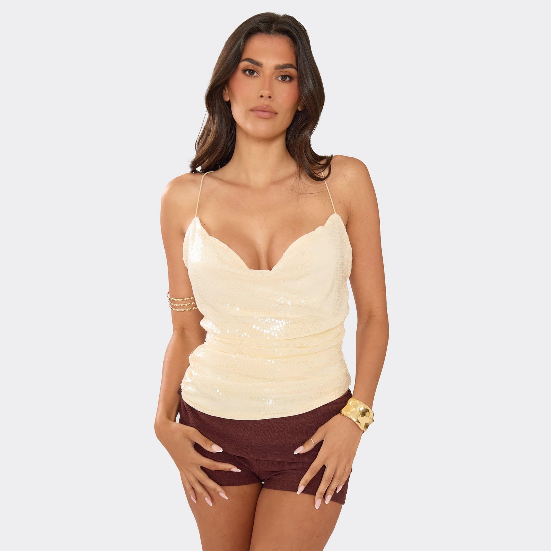 EGO Strappy Cowl Neck Cross Back Detail Top In Cream Sequin, Women's Size UK 6