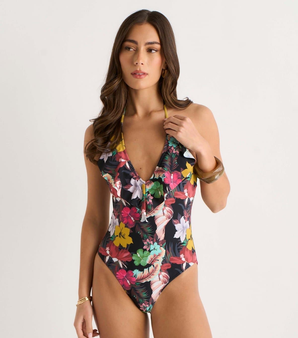 Gini London Women's Multicolour Tropical Print Ruffle Front Swimsuit Gini London New Look