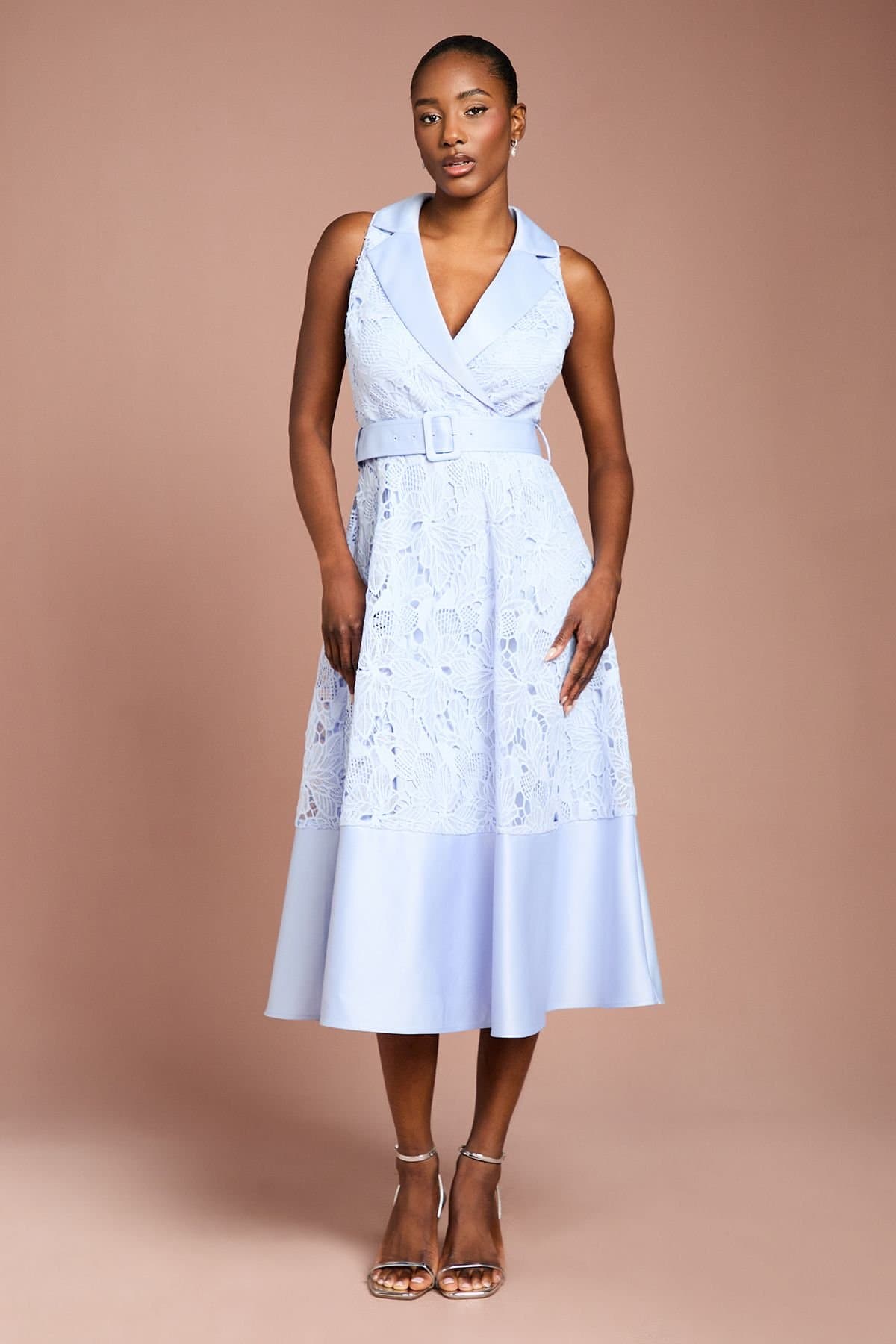 Coast Coast Women's Lace Sleeveless Satin Contrast Midi Shirt Dress in Cornflower Blue
