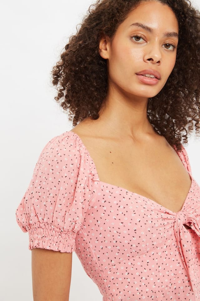 Louche Louche Women's Luiza Teeny Flower Bud Tie Front Short Sleeve Tea Dress in Pink - 3