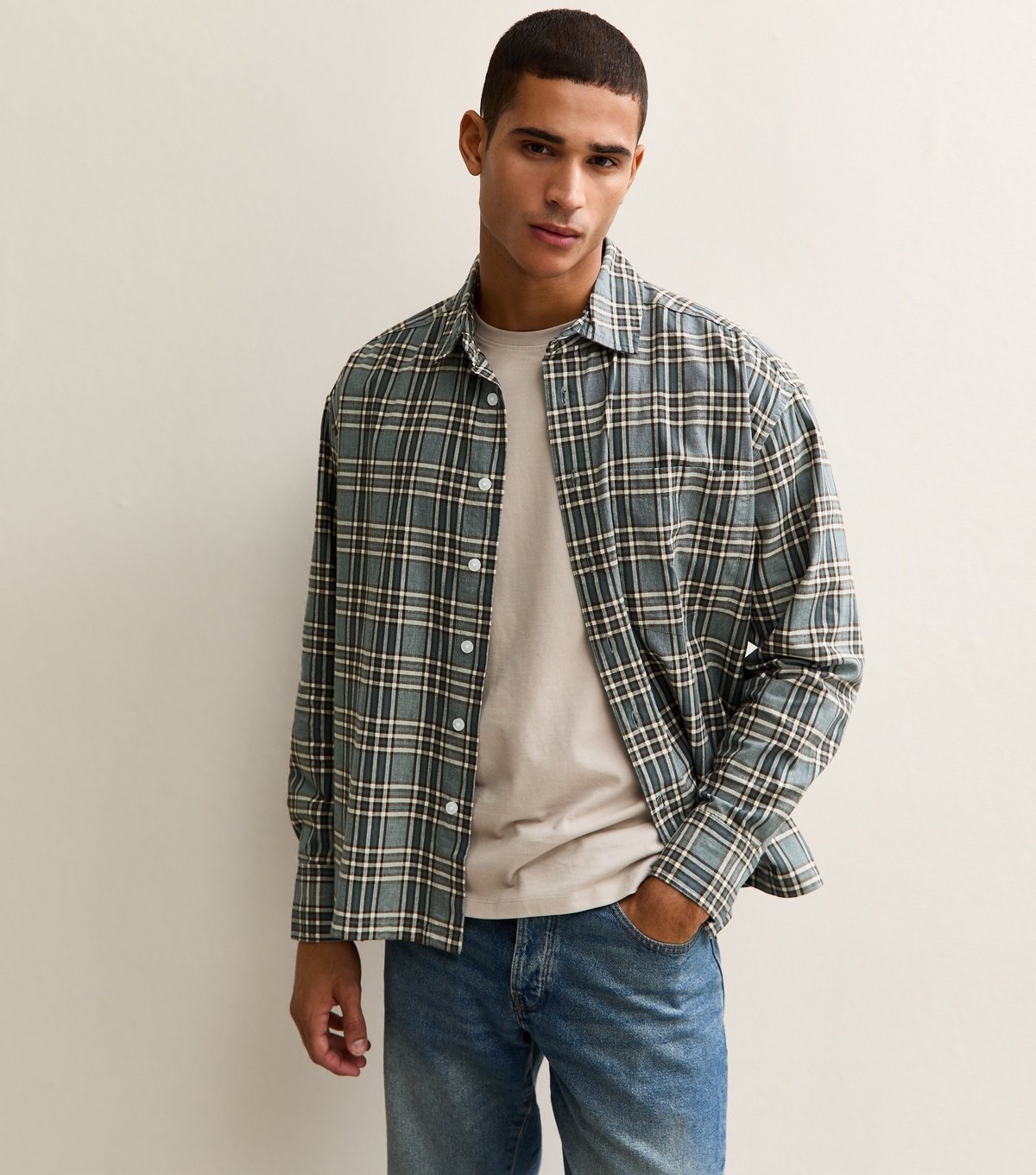 Only and Sons Men's Blue Relaxed Long Sleeve Checked Shirt Only and Sons New Look - 2