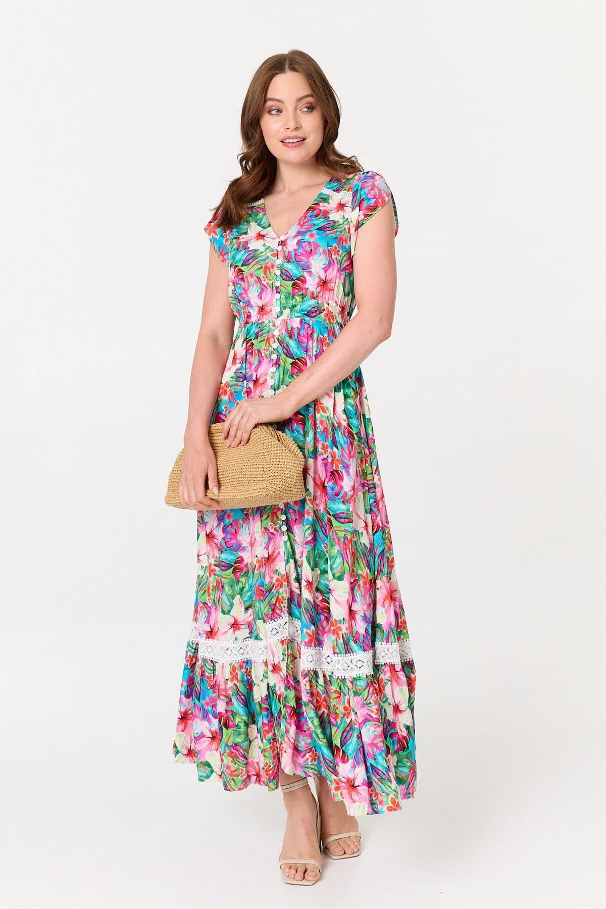 Izabel London Izabel London Women's Floral Cap Sleeve Buttoned Maxi Dress in Pink