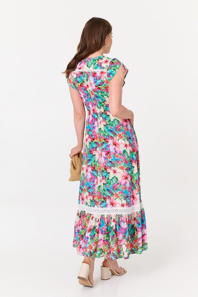 Izabel London Izabel London Women's Floral Cap Sleeve Buttoned Maxi Dress in Pink - 3