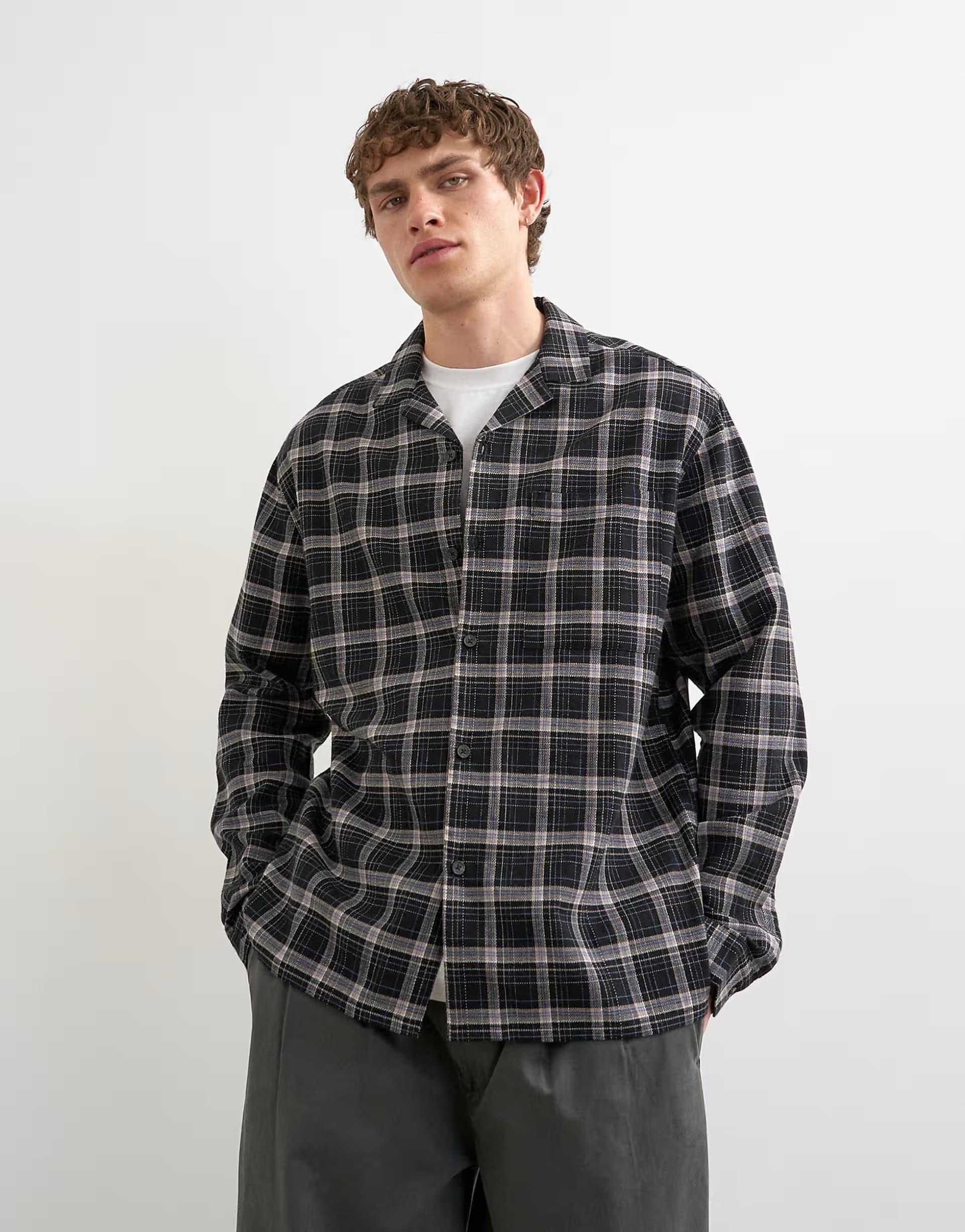 ASOS Topman relaxed fit textured check revere shirt in black