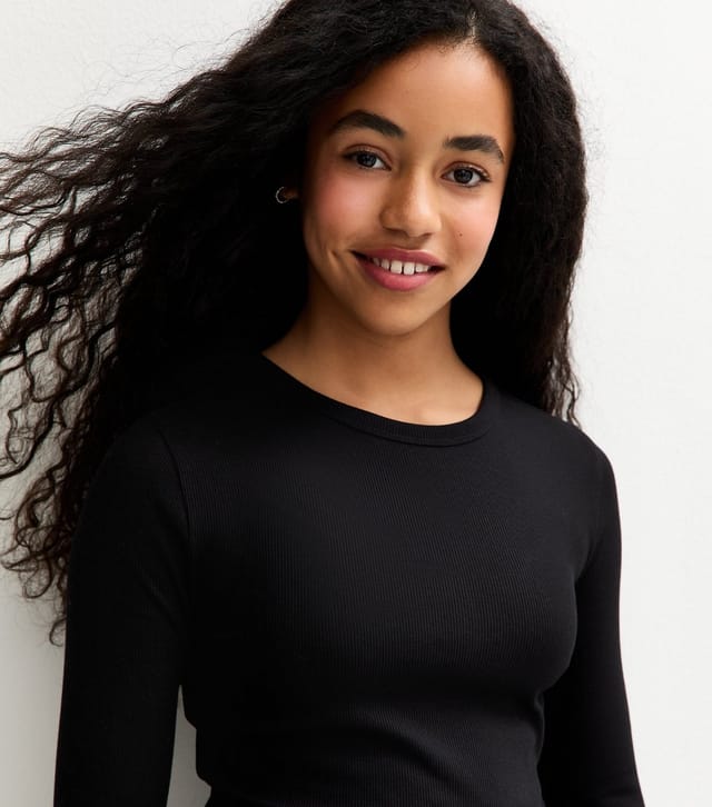 New Look Girls' Black Ribbed Baby Tee Long Sleeve Top New Look - 2