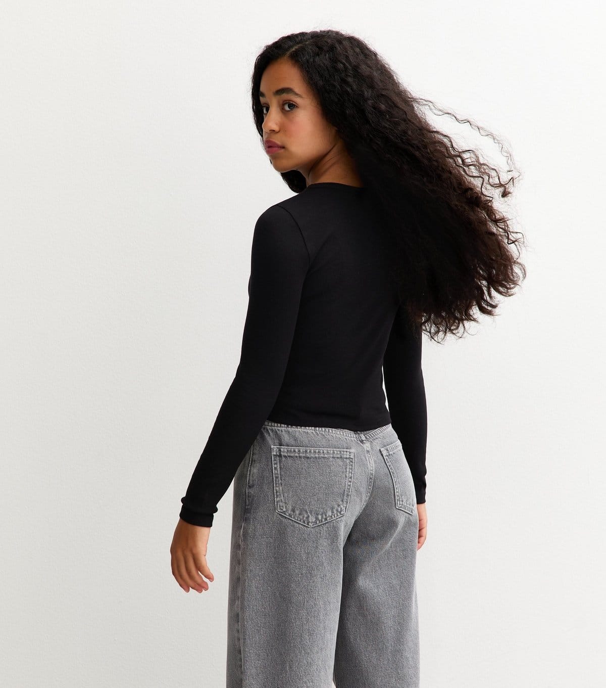 New Look Girls' Black Ribbed Baby Tee Long Sleeve Top New Look - 4