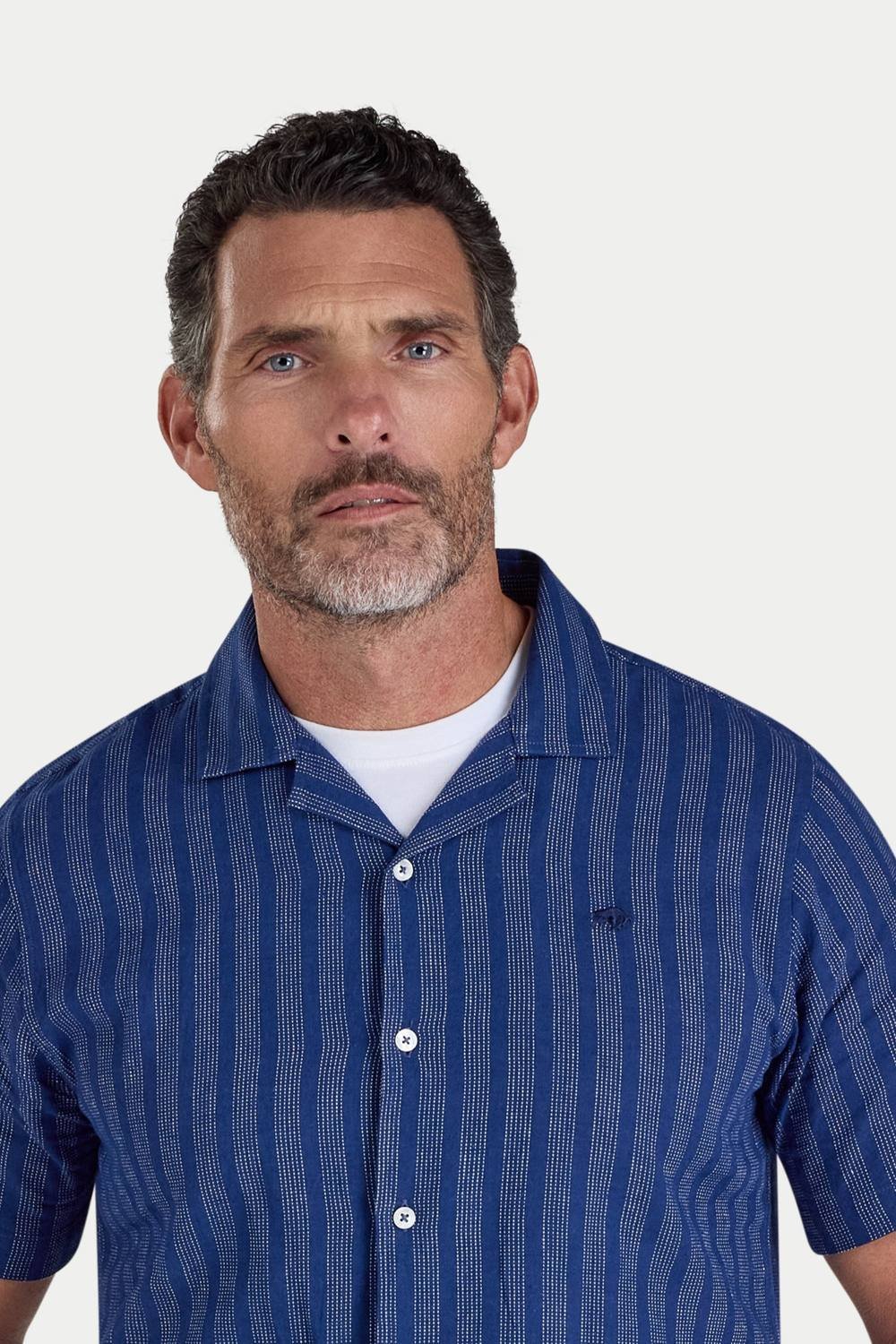 raging bull Raging Bull Men's Short Sleeve Athens Stripe Linen Revere Shirt in Navy - 2