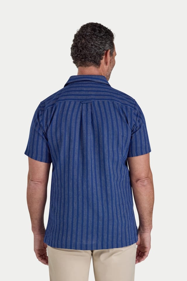 raging bull Raging Bull Men's Short Sleeve Athens Stripe Linen Revere Shirt in Navy - 2