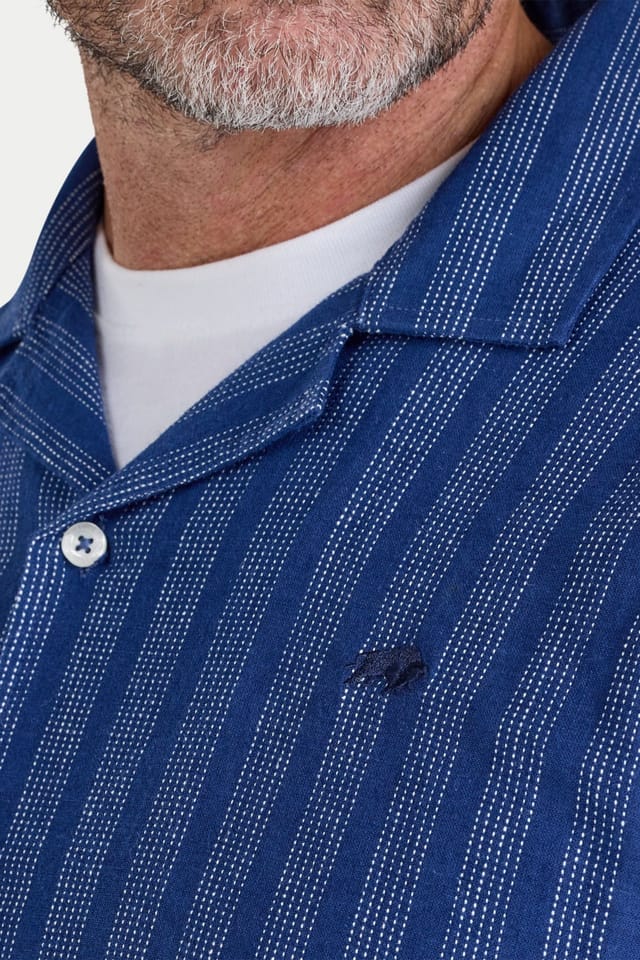 raging bull Raging Bull Men's Short Sleeve Athens Stripe Linen Revere Shirt in Navy - 3