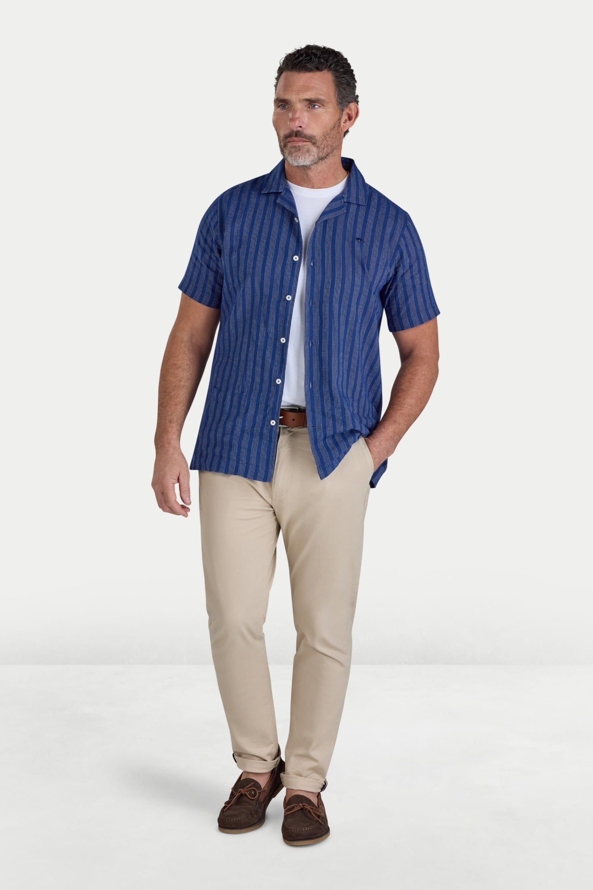 raging bull Raging Bull Men's Short Sleeve Athens Stripe Linen Revere Shirt in Navy - 4