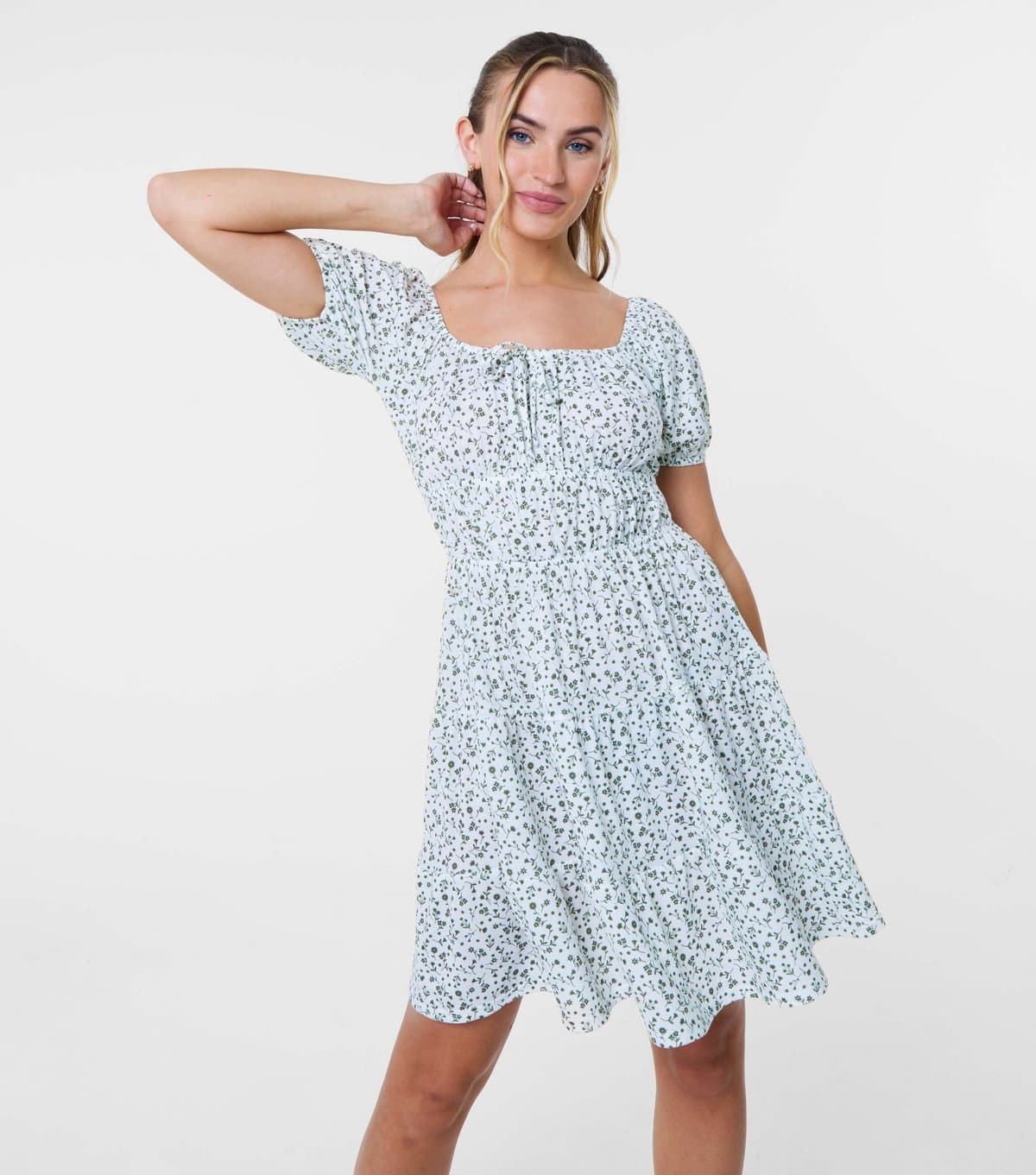 Pink Vanilla Women's Khaki Puff Sleeve Tiered Mini Dress Pink Vanilla New Look