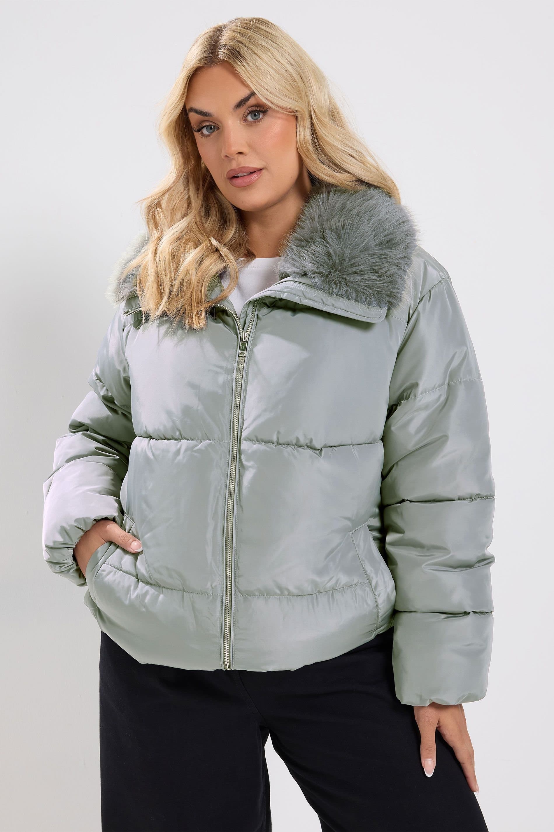 Yours Yours Women's Funnel Neck Padded Coat in Light Grey