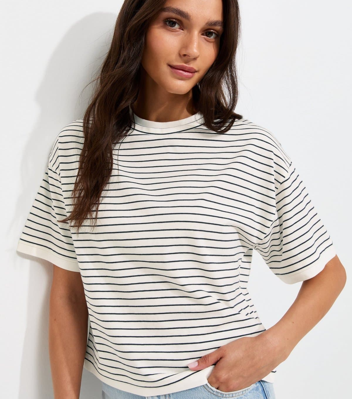 New Look Women's Blue Cotton Striped 2 In 1 Boxy T-Shirt New Look