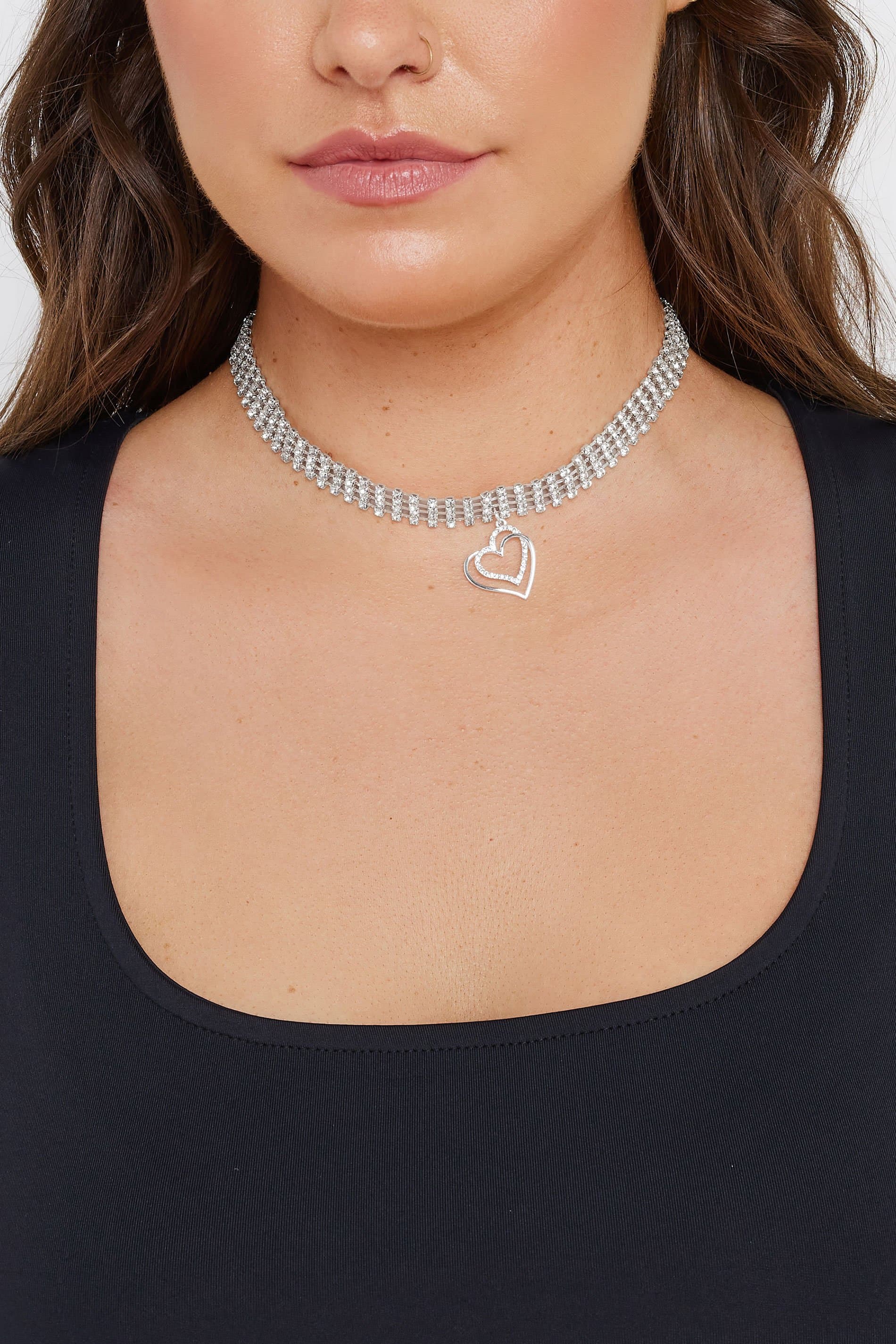 Yours Silver Tone Diamante Heart Pendant Choker