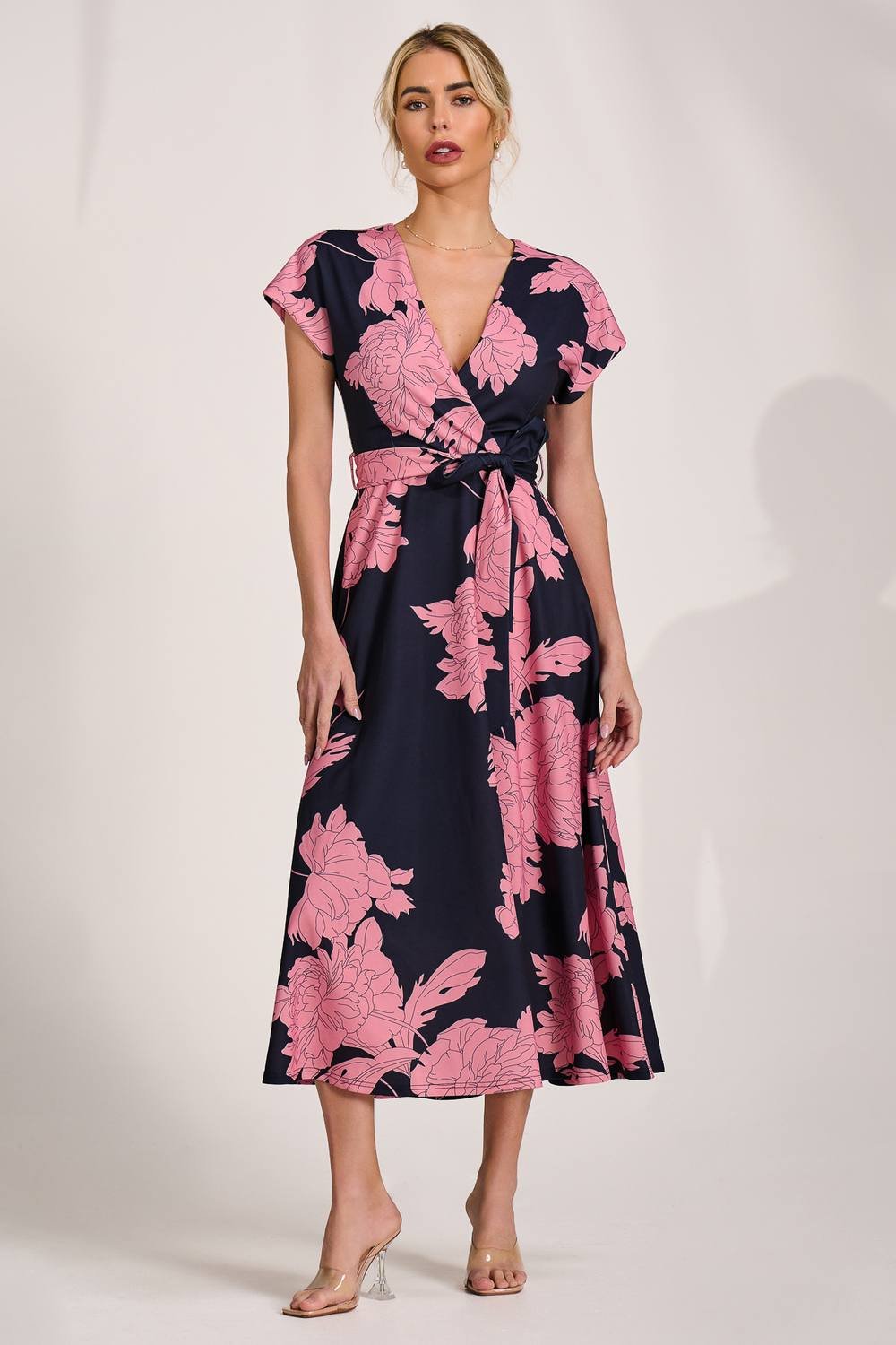 Jolie Moi Jolie Moi Women's Kimono Sleeve Print Scuba Midi Dress in Dark Navy - 3