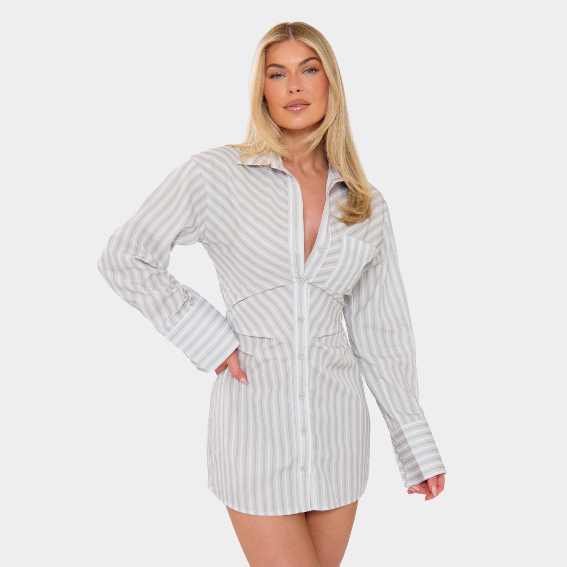 EGO Collared Button Front Cinched Waist Detail Shirt Dress In White Stripe, Women's Size UK 6
