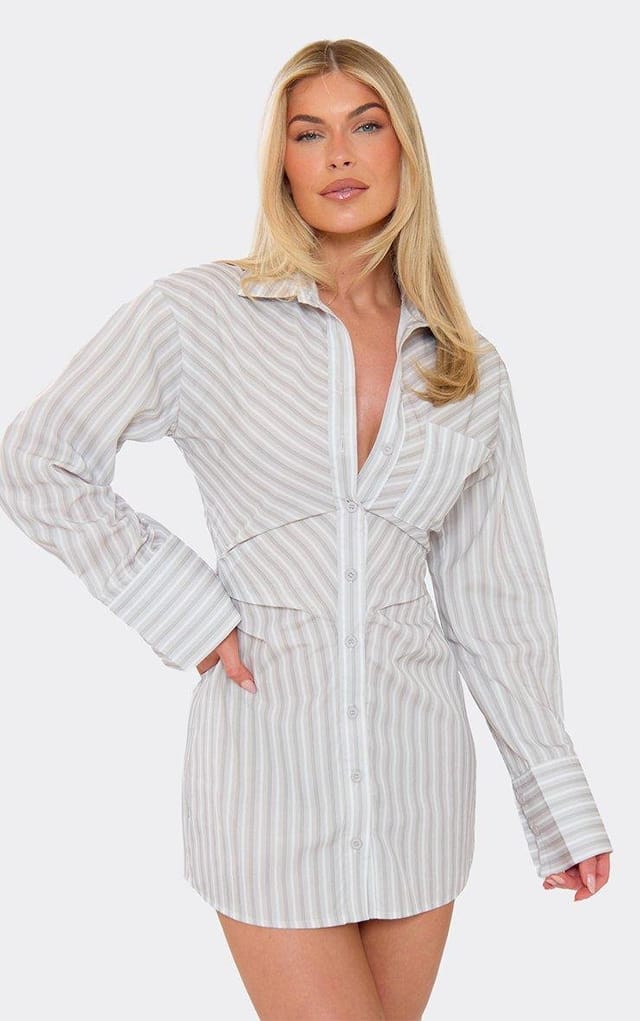 EGO Collared Button Front Cinched Waist Detail Shirt Dress In White Stripe, Women's Size UK 6 - 2