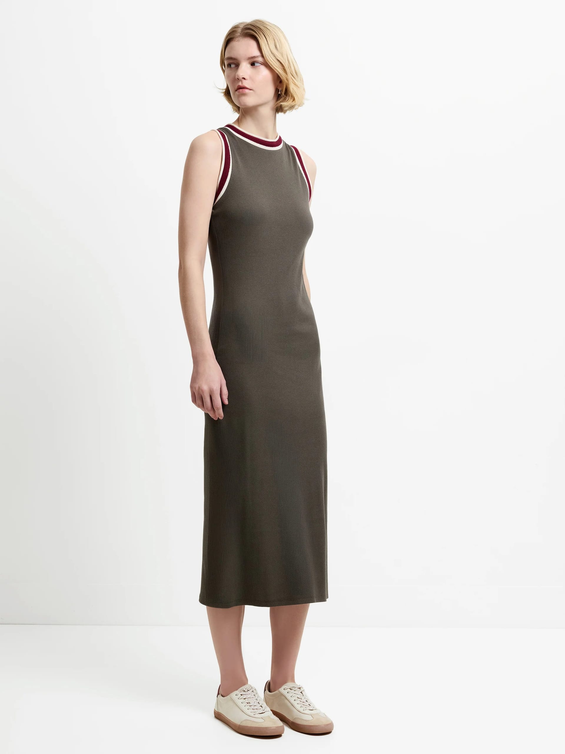 French Connection Vintage Khaki Jersey Tipped Midi Dress