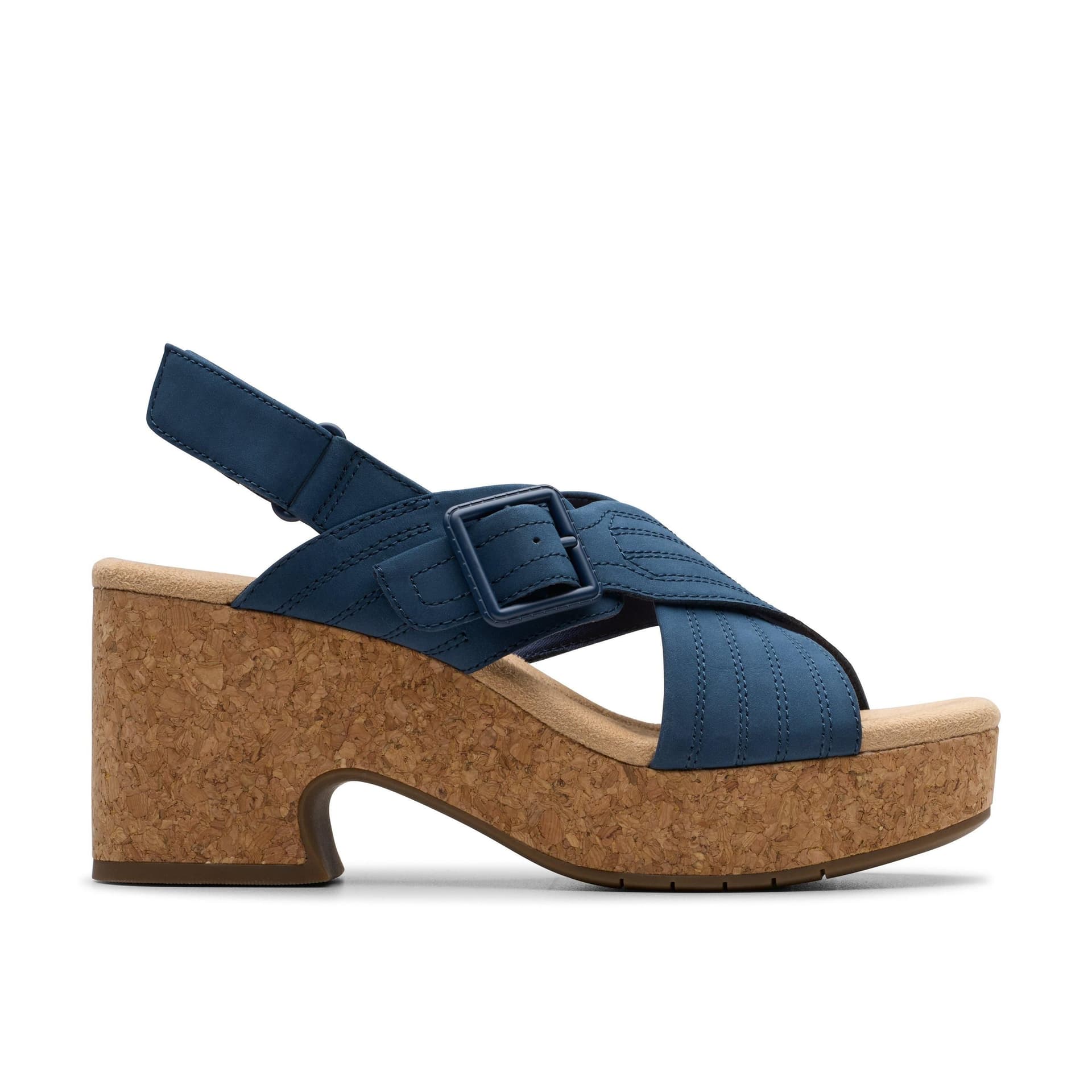 Clarks Clarks Navy Nubuck Wedge Sandals with Cork Sole