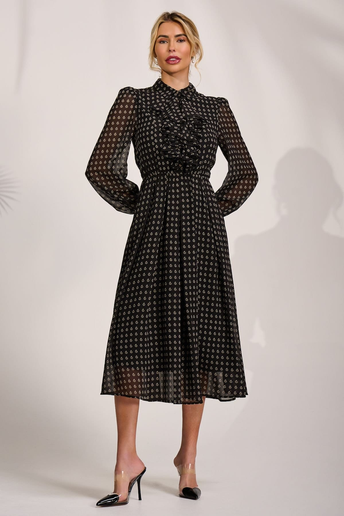 Jolie Moi Jolie Moi Women's Chiffon Print Ruffled Shirt Dress in Black - 4