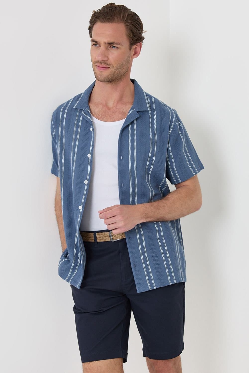 Threadbare threadbare Men's Stripe Knitted Cotton Blend Short Sleeve Shirt in Blue