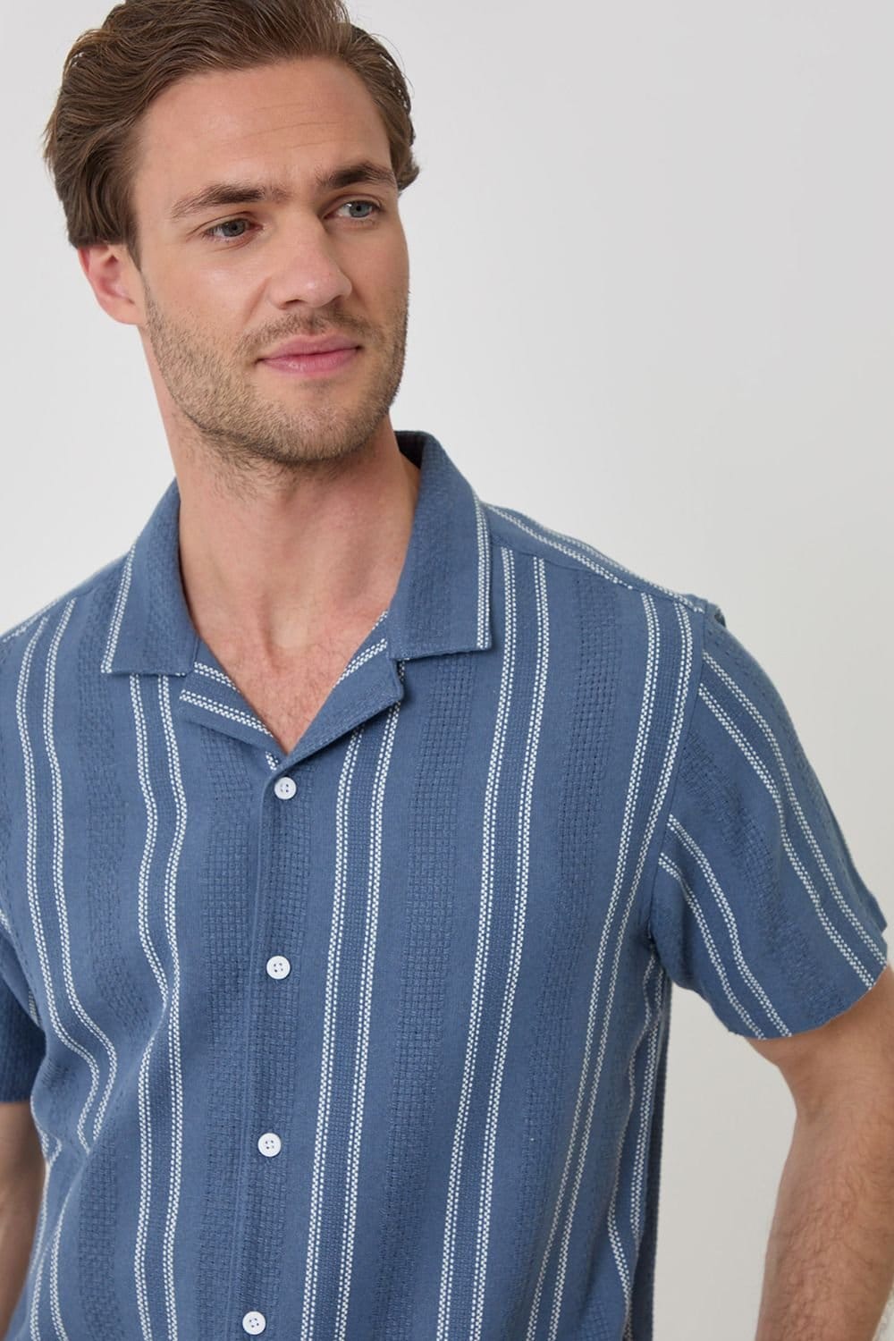 Threadbare threadbare Men's Stripe Knitted Cotton Blend Short Sleeve Shirt in Blue - 4