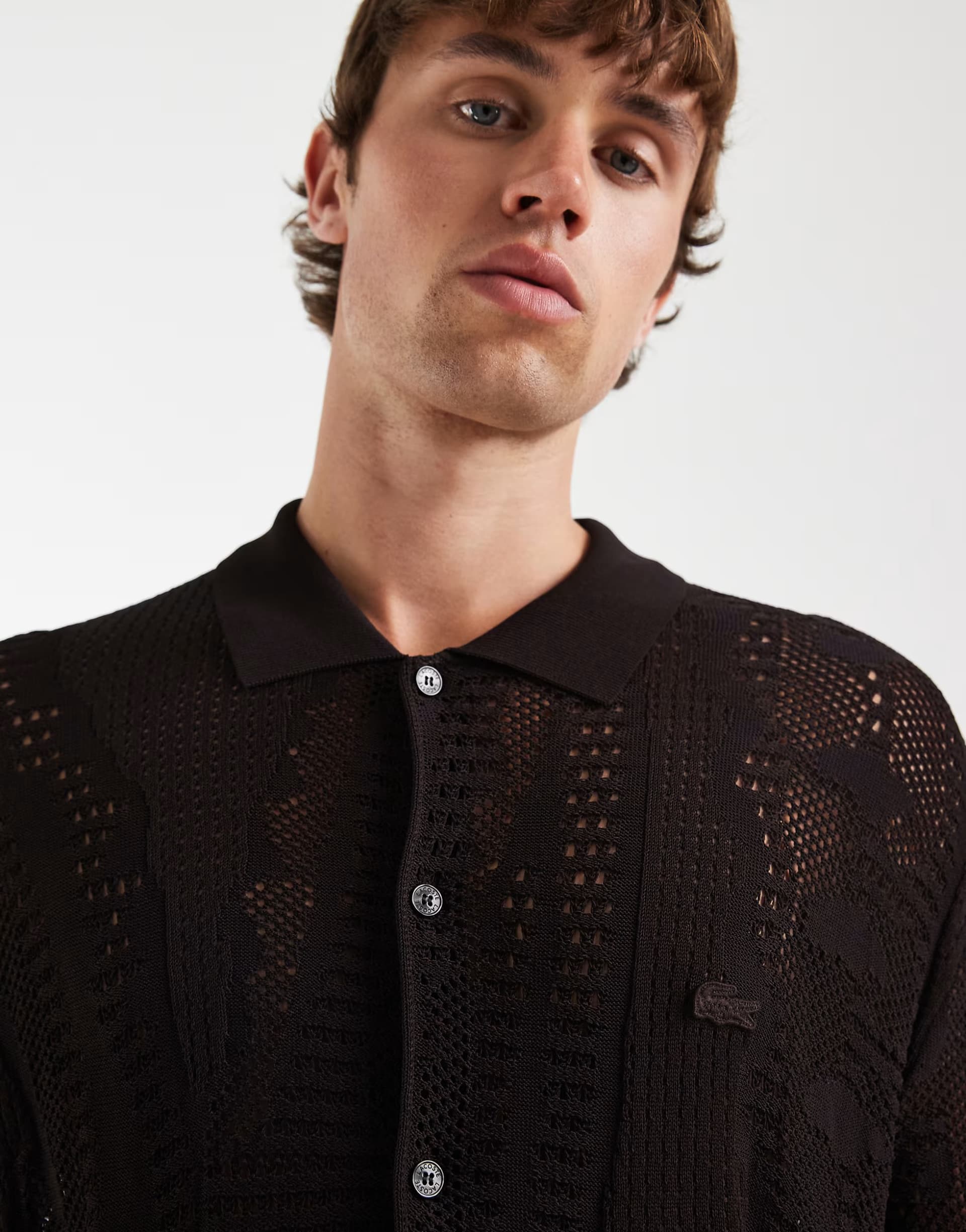ASOS Lacoste mesh croc short sleeve resort shirt in brown