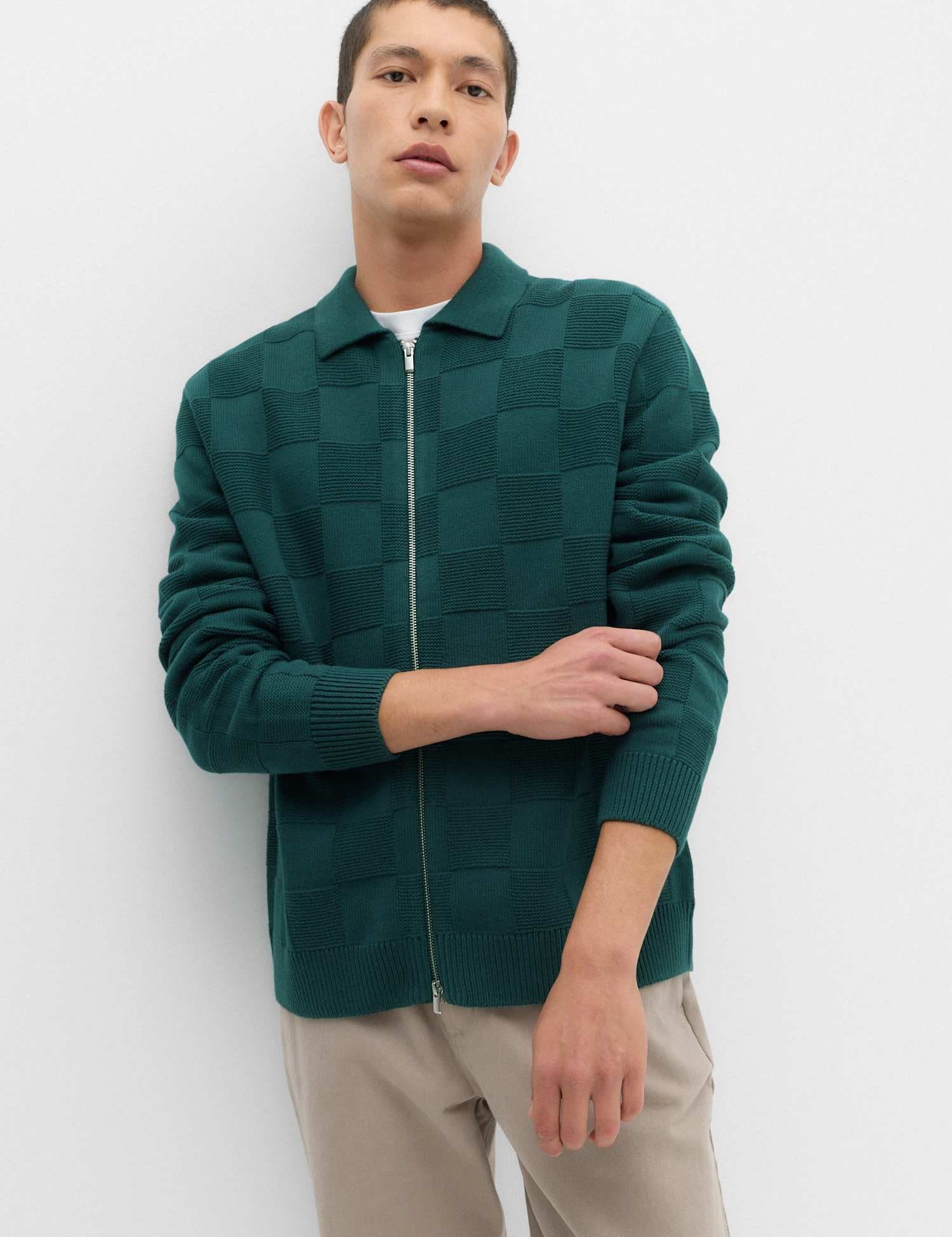Marks & Spencer M&S Cotton Rich Checked Zip Up Knitted Jacket Cedar