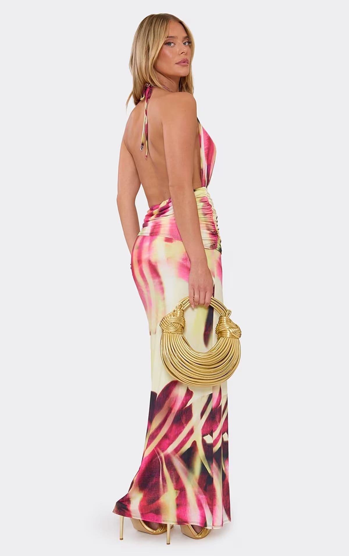 EGO Multi Abstract Print Halterneck Plunge Cut Out Side Split