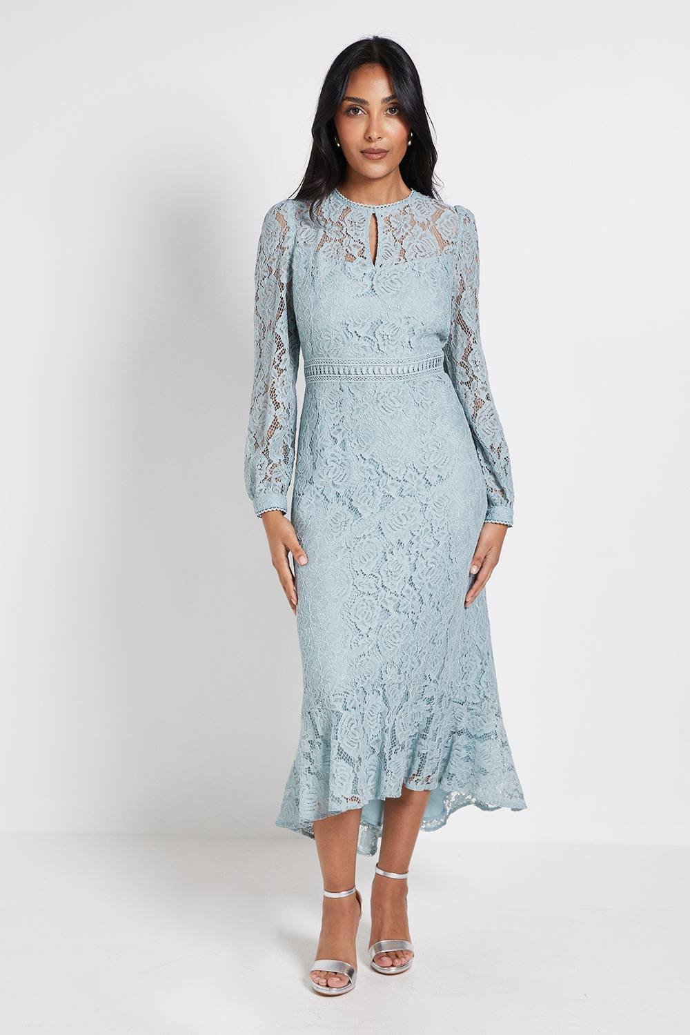 Wallis Wallis Women's Petite Lace High Neck Ruffle Midi Dress in Sage - 2