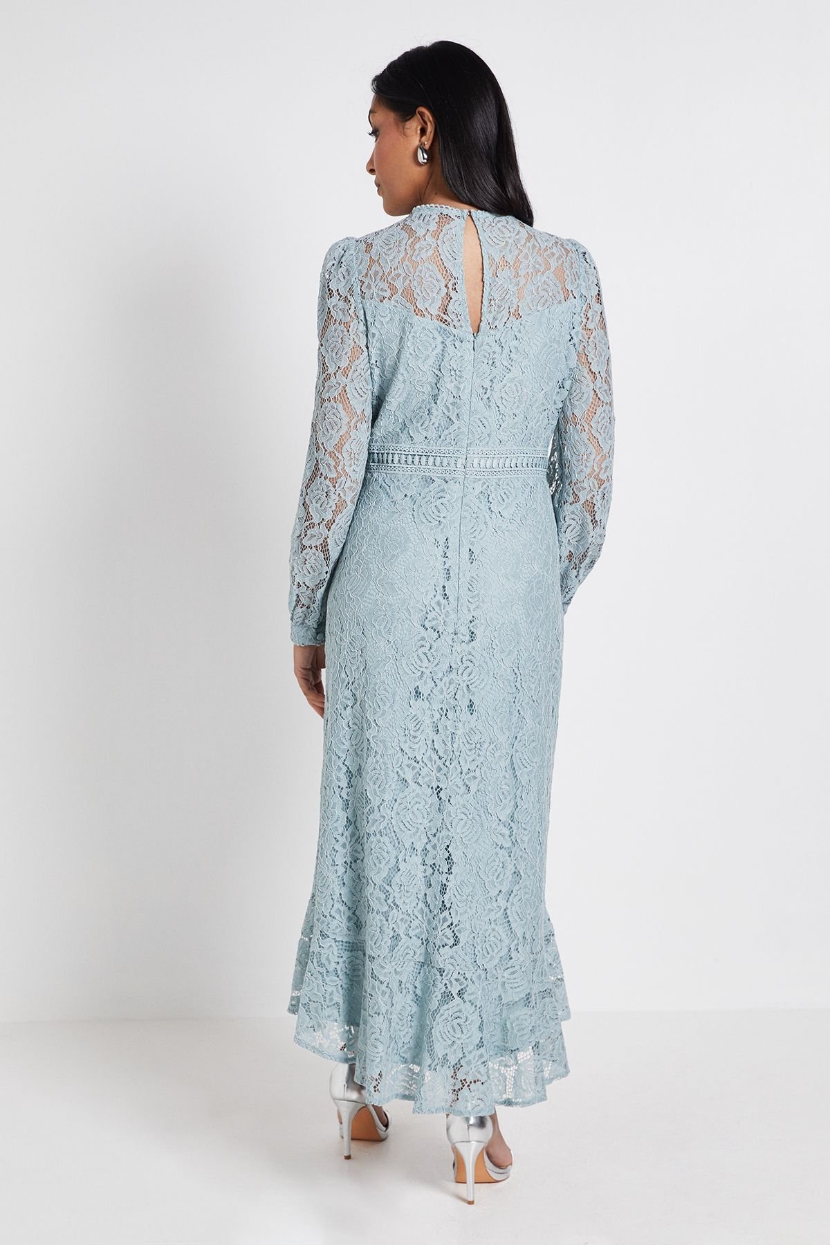 Wallis Wallis Women's Petite Lace High Neck Ruffle Midi Dress in Sage - 3