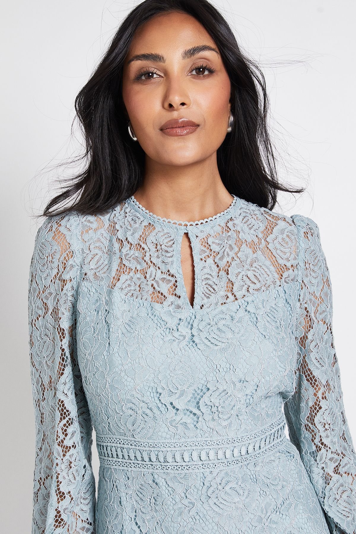 Wallis Wallis Women's Petite Lace High Neck Ruffle Midi Dress in Sage - 4