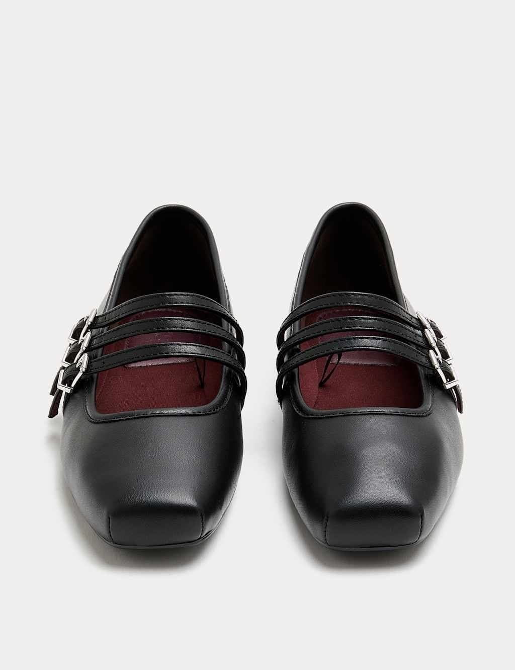 Marks & Spencer M&S Black Leather Triple Strap Mary Jane Ballet Pumps