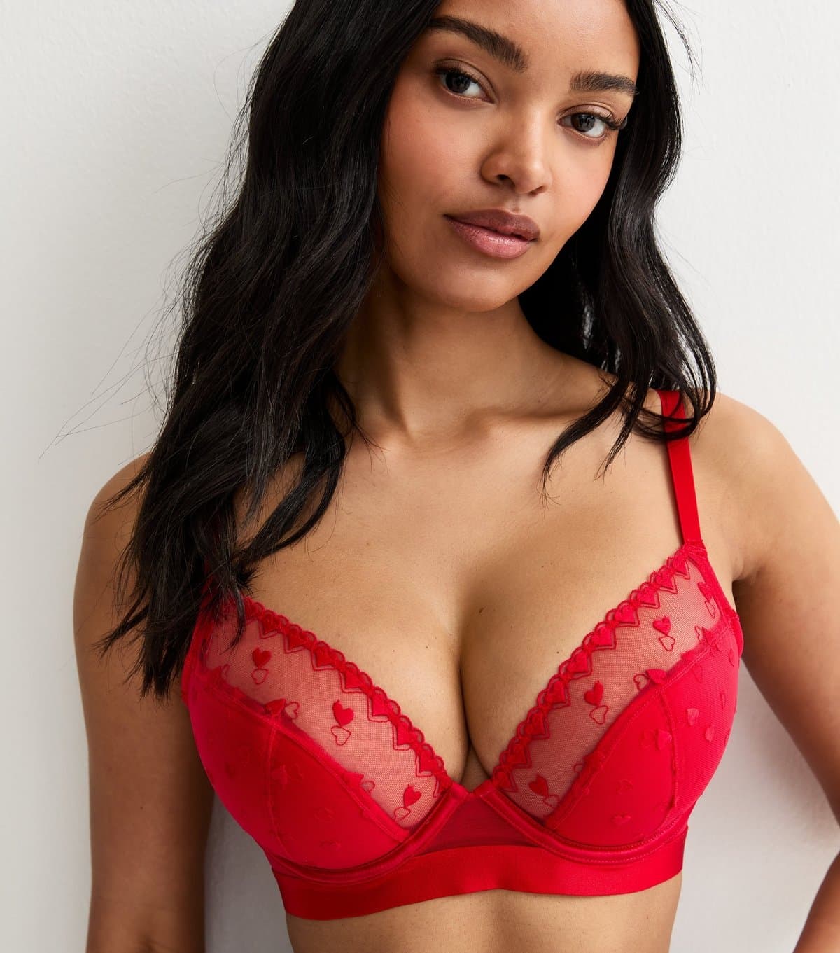 New Look Women's Bright Red DD+ Heart Embroidered Demi Padded Bra New Look