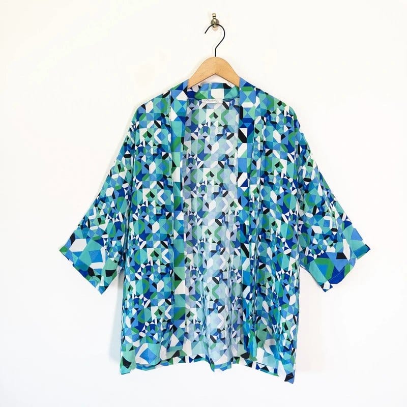 David Nieper Blue Green Geometric Silk Kimono Cardigan Size 18