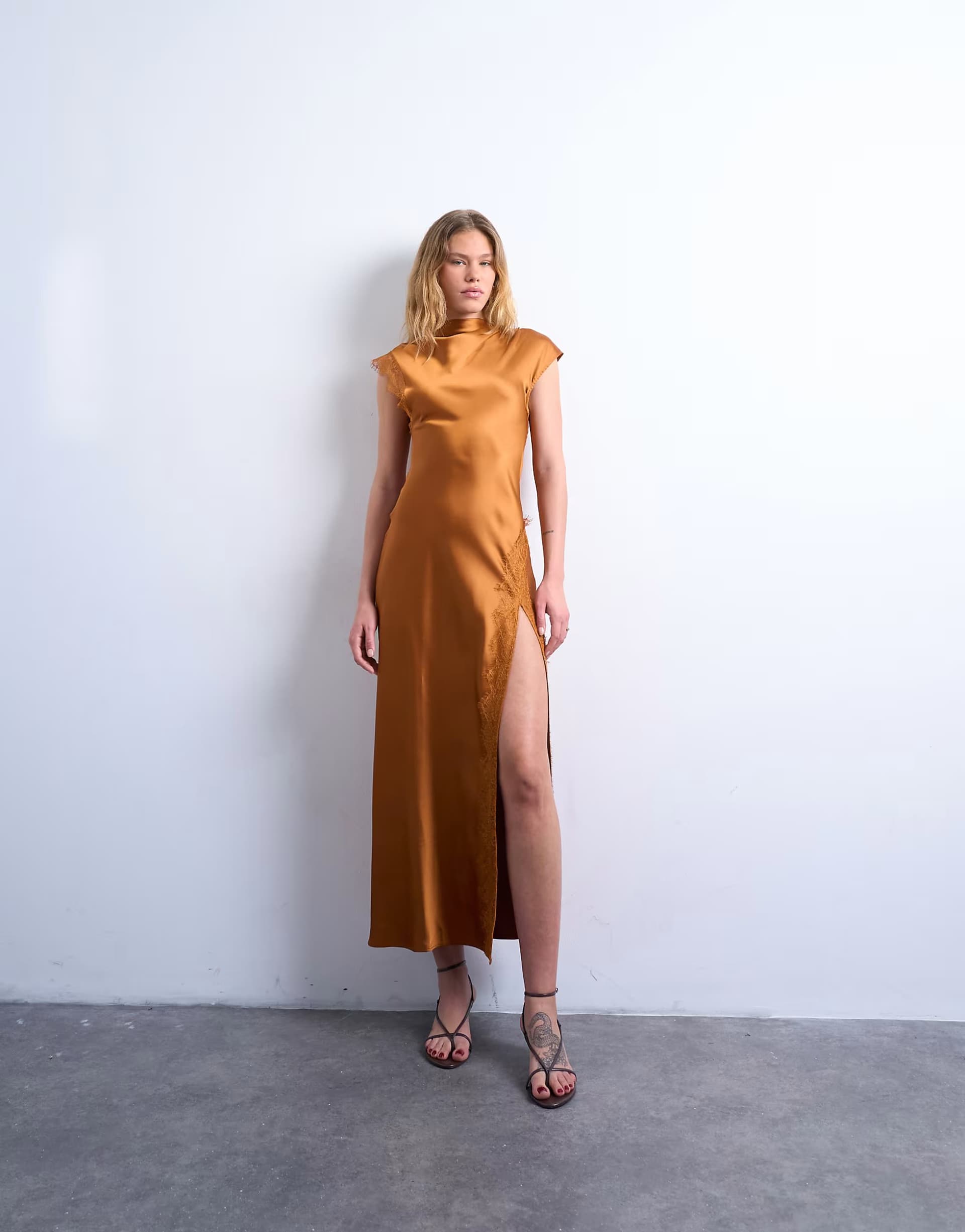 ASOS Topshop satin drape neck maxi dress with lace trim in caramel
