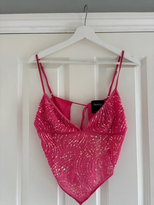 Bershka Sequinned scarf top in bright pink