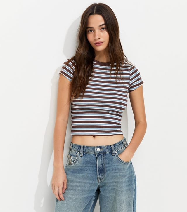 New Look Women's Blue Cotton-Rich Striped Baby Tee T-Shirt New Look - 2