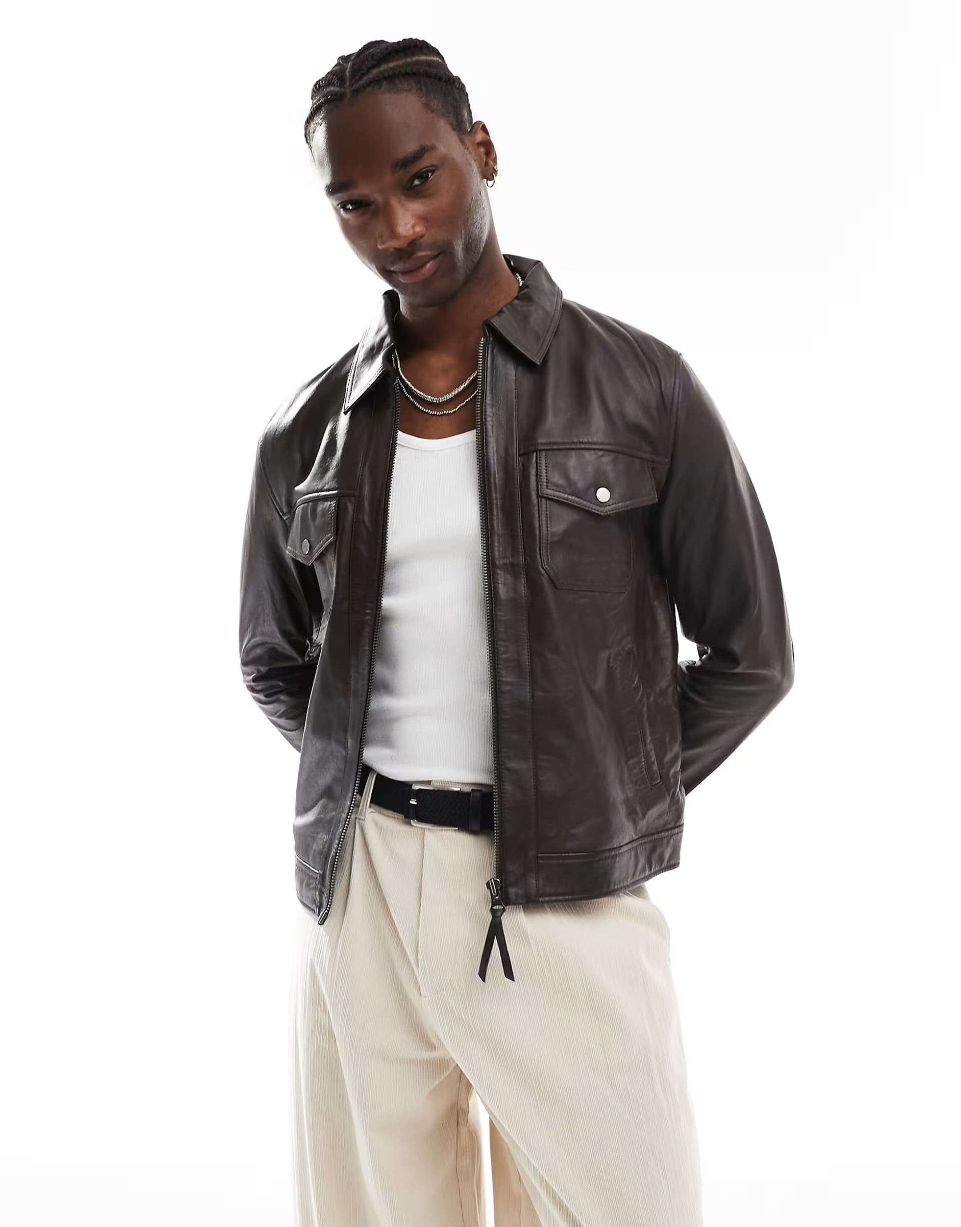 ASOS Barneys originals real leather harrington in brown in brown