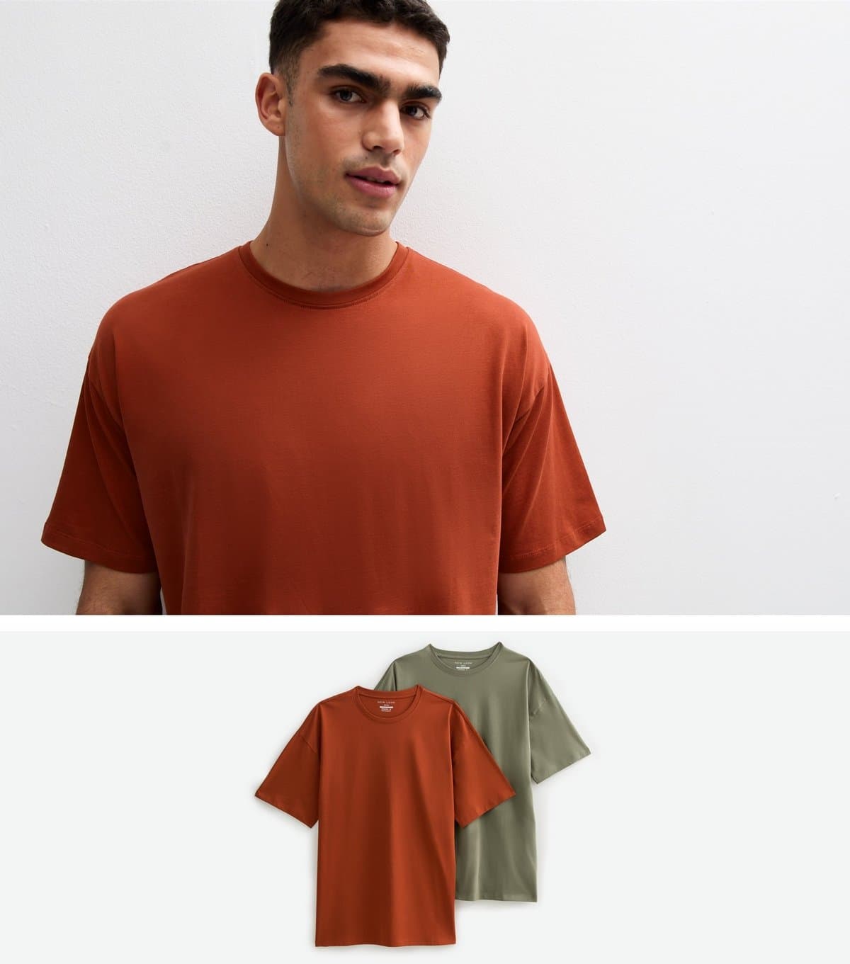 New Look Men's 2 Pack Rust/Khaki Oversized T-Shirts New Look