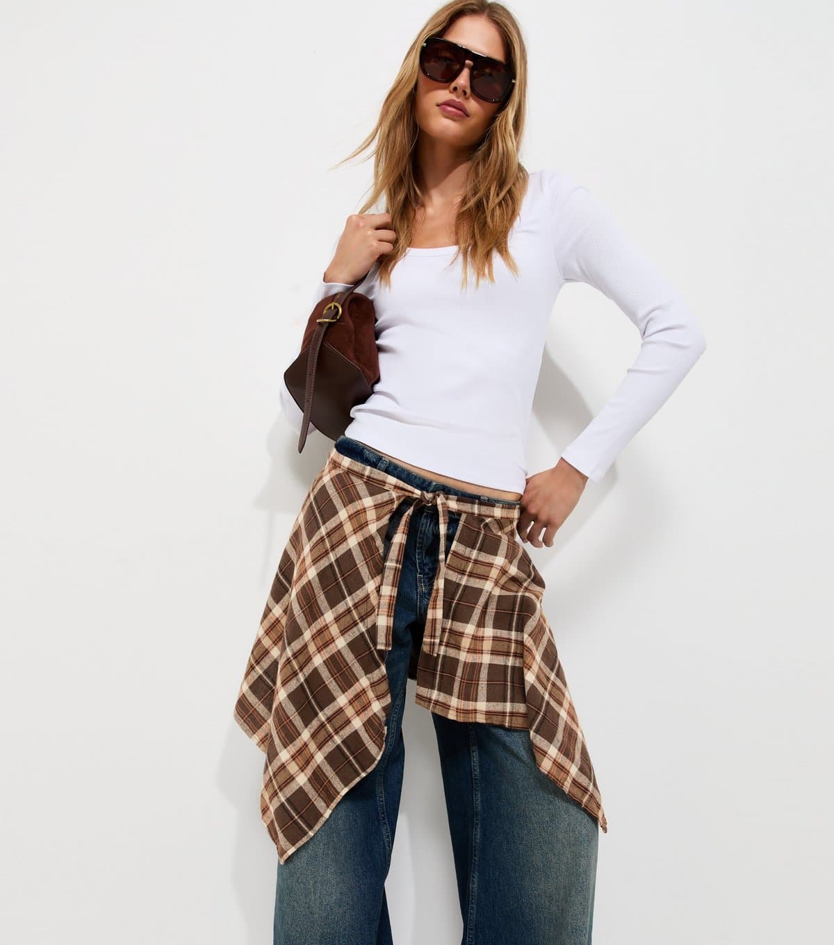 New Look Brown Cotton Check Waist Bandana New Look