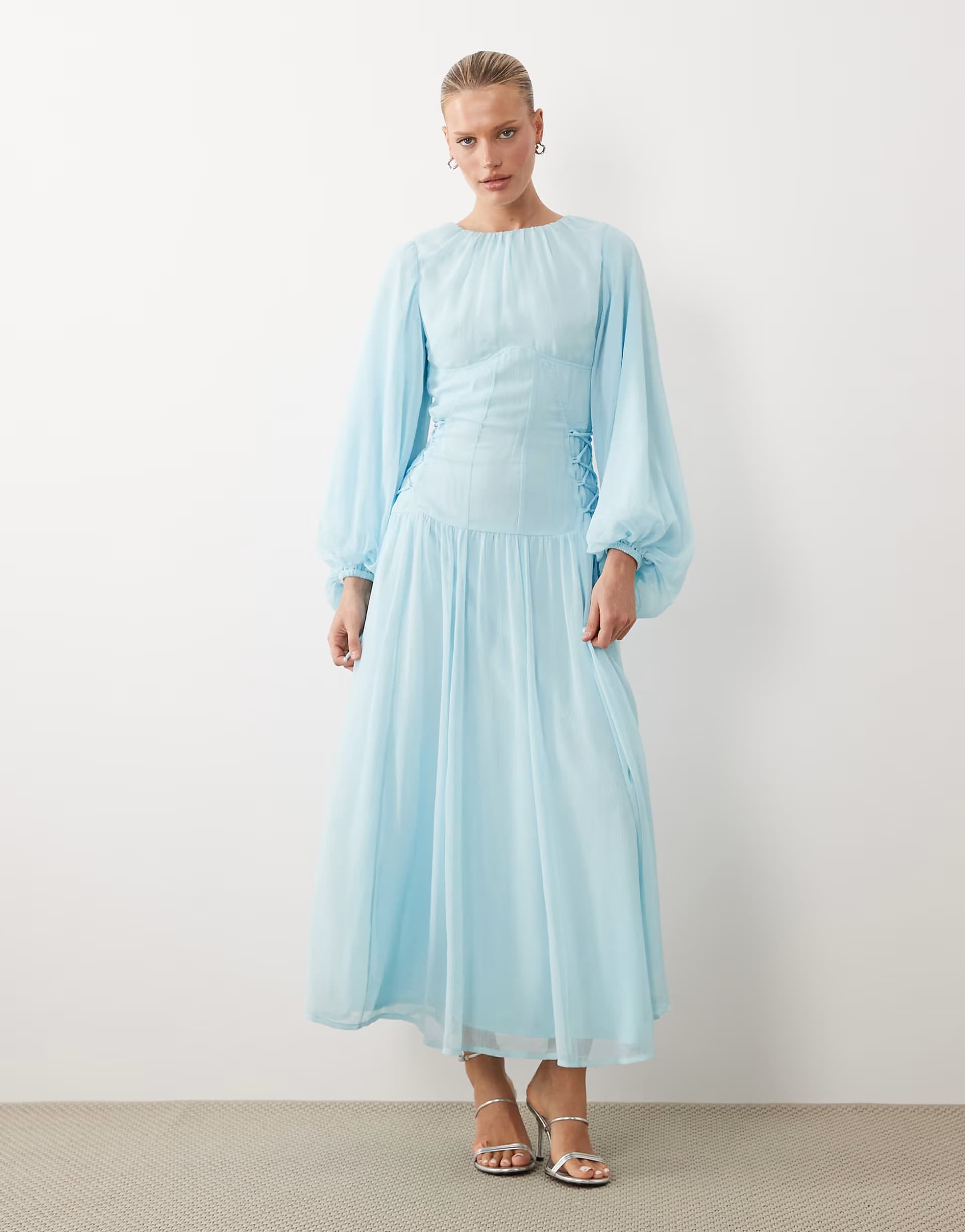 ASOS ASOS DESIGN long sleeve sleeve chiffon tie detail maxi dress in sky blue