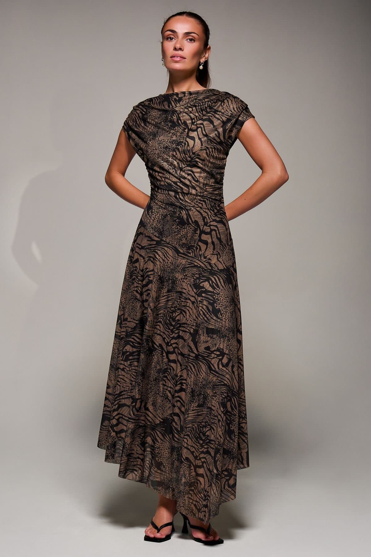 Jolie Moi Jolie Moi Women's Asymmetrical Draped Slash Neck Midaxi Dress in Brown