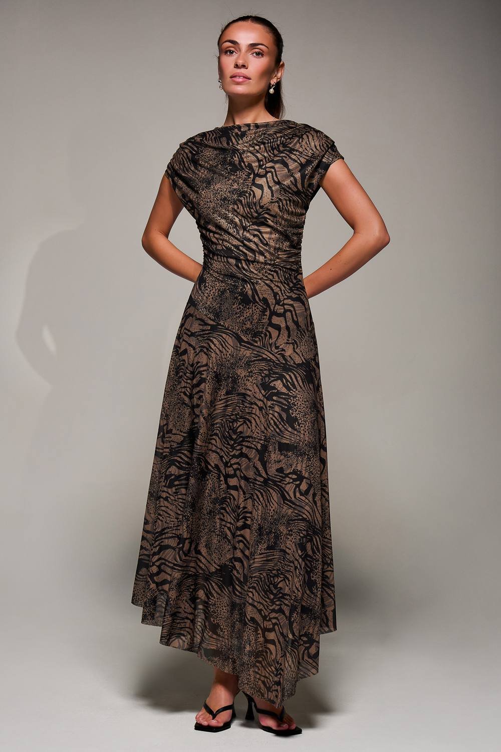 Jolie Moi Jolie Moi Women's Asymmetrical Draped Slash Neck Midaxi Dress in Brown - 4